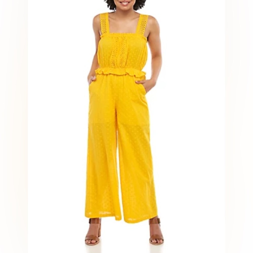 Taylor & Sage Yellow Crochet Trim Textured Jumpsuit | Belk